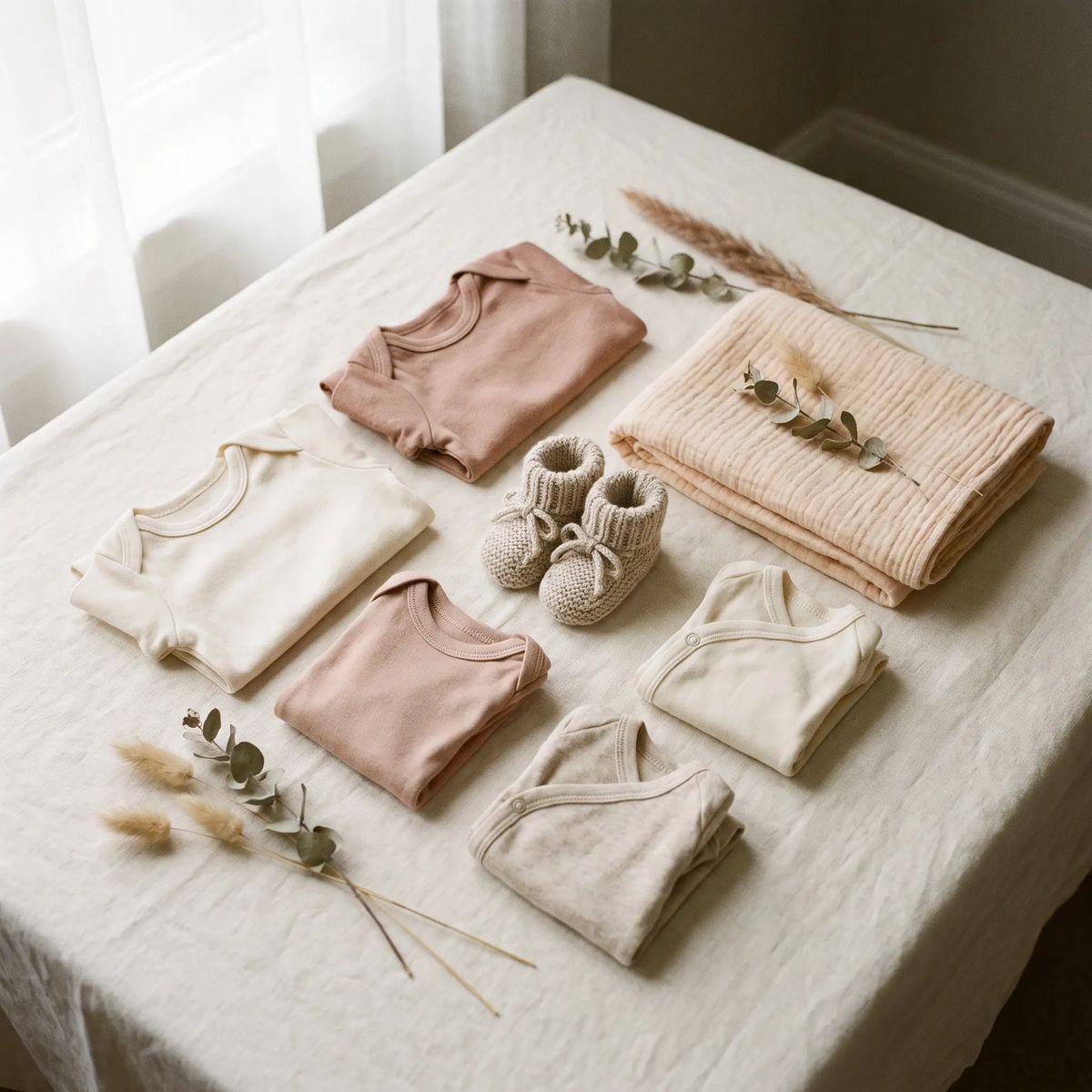 A flat-lay of neatly folded neutral baby clothing, onesies, knit booties and a soft swaddle