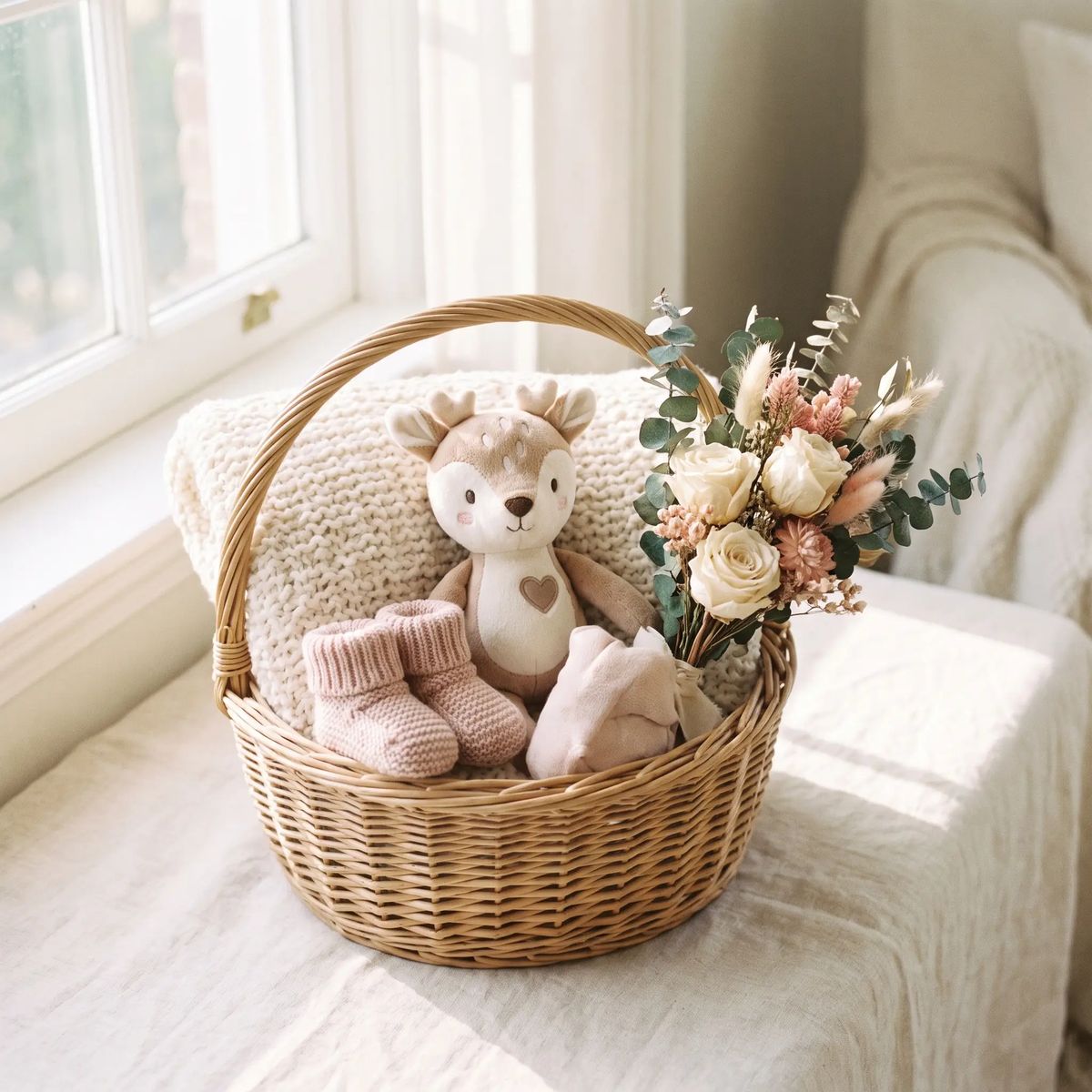 A styled new-baby gift basket with a knit blanket, plush keepsake animal, booties and a small bouquet