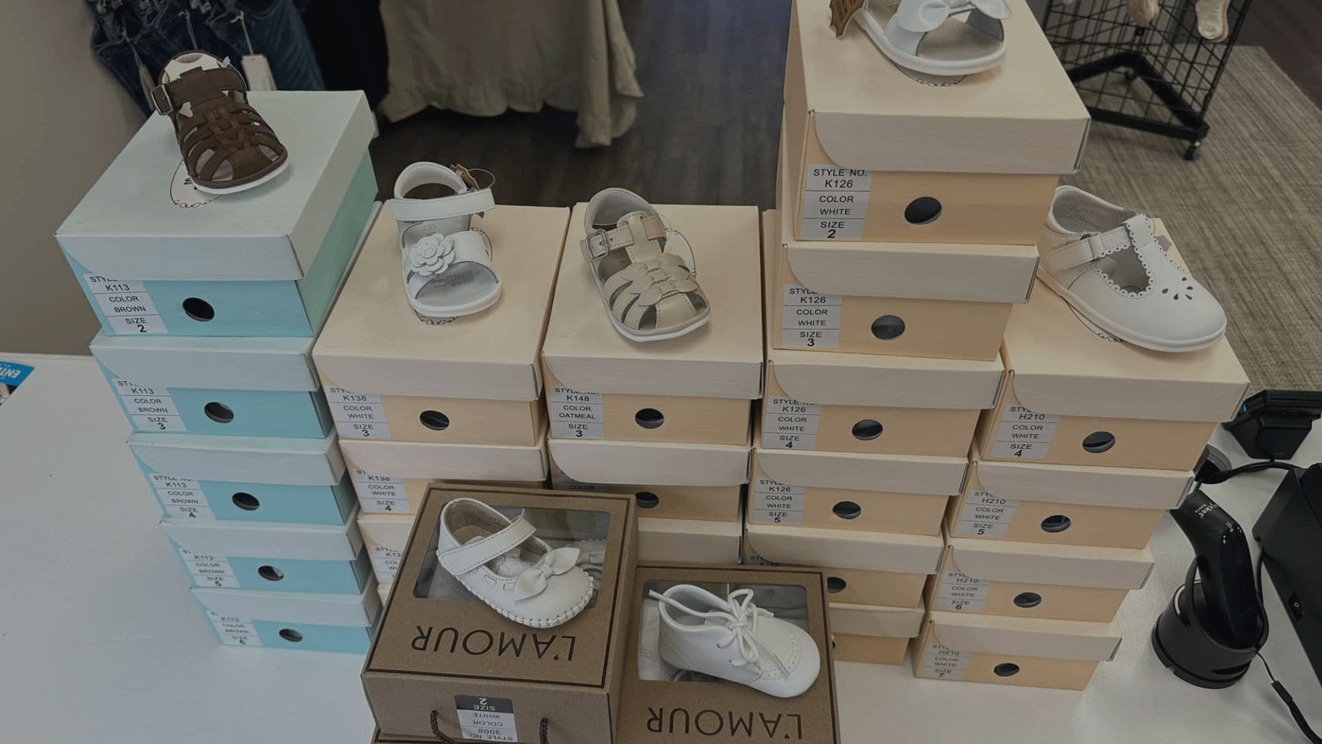 Baby shoes on display in the From Bumps 2 Babies boutique