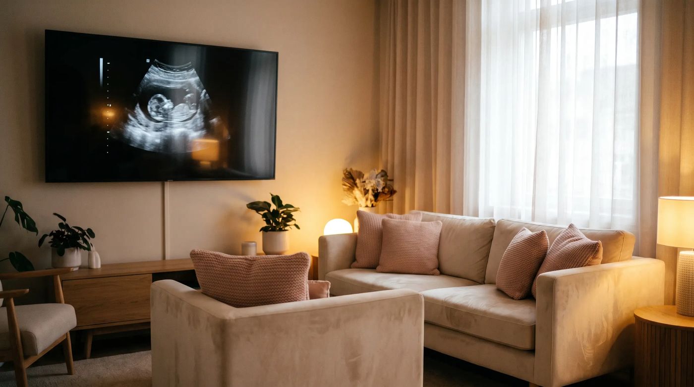 A cozy, dimly lit ultrasound viewing lounge with a large wall-mounted screen and soft seating, representative of the welcoming room style