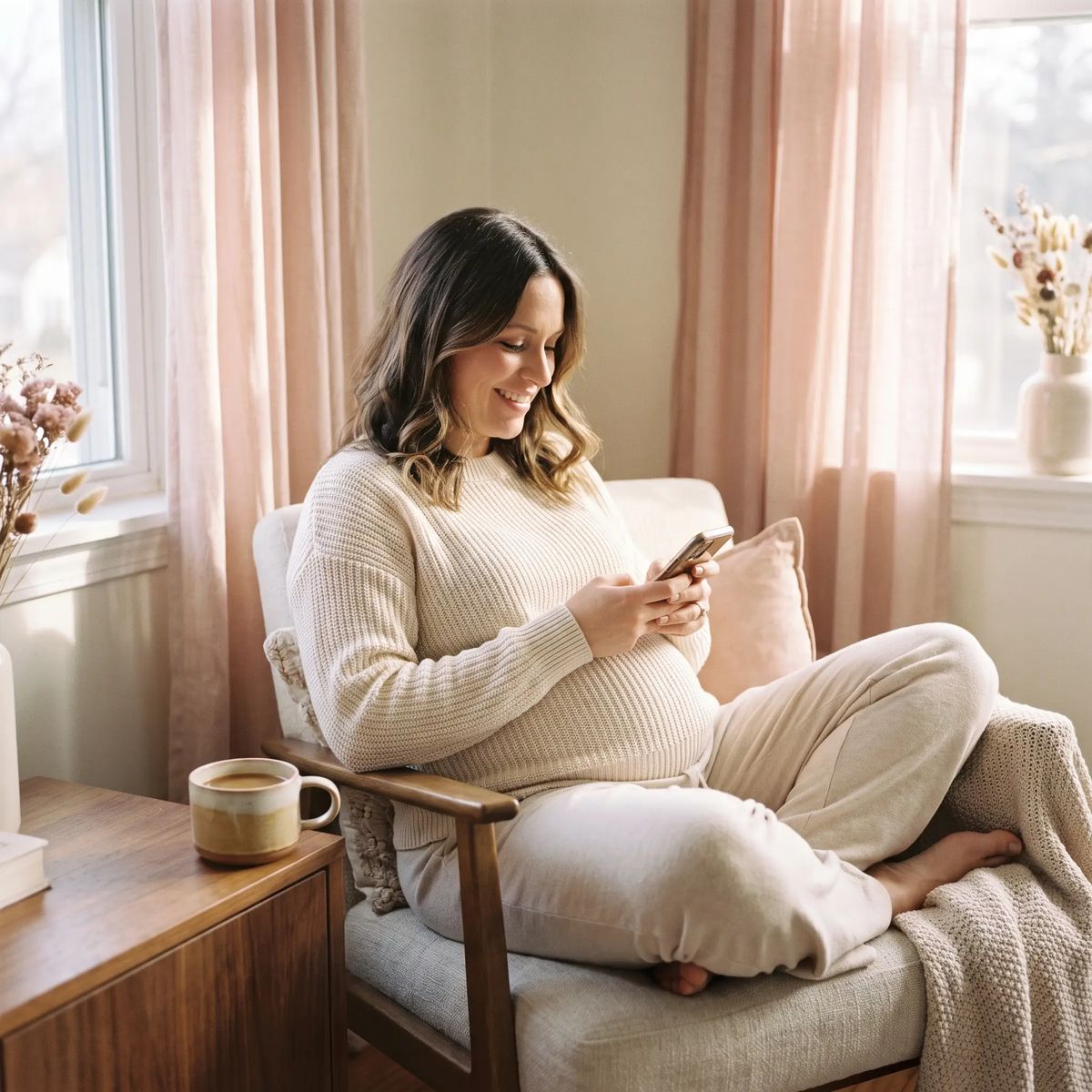 An expectant mother comfortably booking her visit on her phone at home