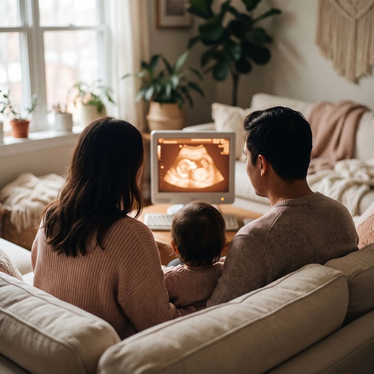 A family watching their baby together on a glowing ultrasound screen in a cozy room
