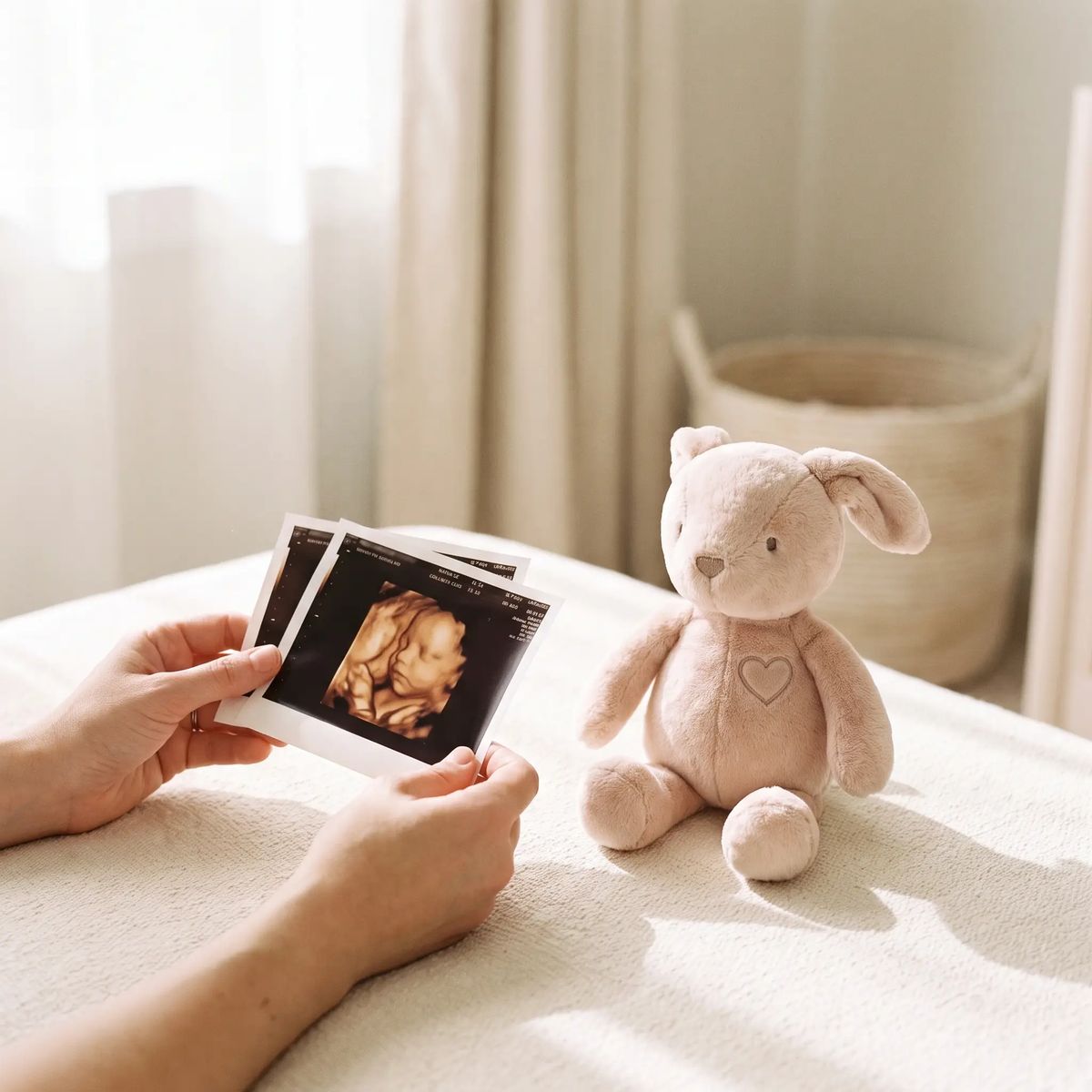 Hands holding printed 4D ultrasound photos beside a plush heartbeat keepsake animal